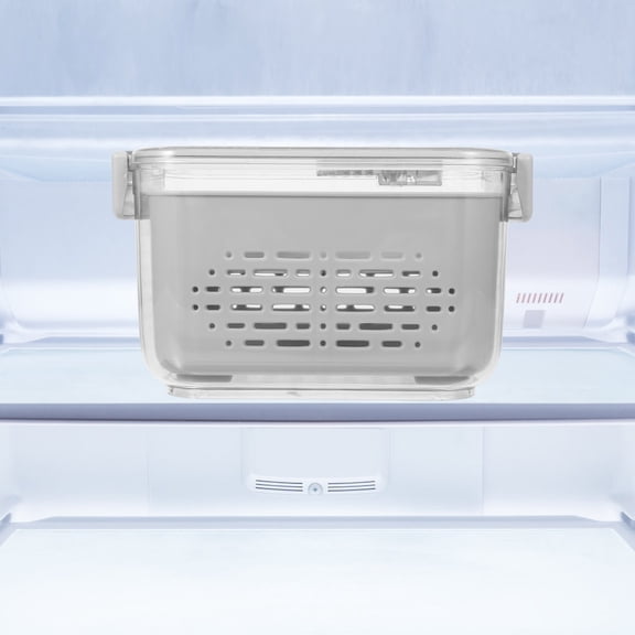 BESTYASH Stackable Food Storage Container for Fridge Grey Vegetable Saver Box with Detachable Drain Basket