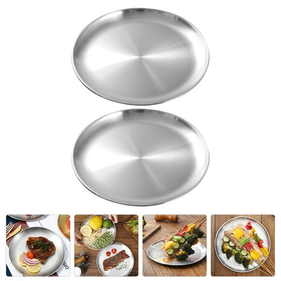 BESTYASH Stainless Steel Food Serving Tray for Home Use Compact BBQ and Roast Meat Plate Silver 2pcs