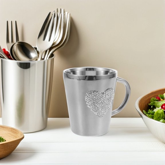 BESTYASH Stainless Steel Heart Coffee Mug with Sparkling Rhinestones Portable Reusable Cup for Home