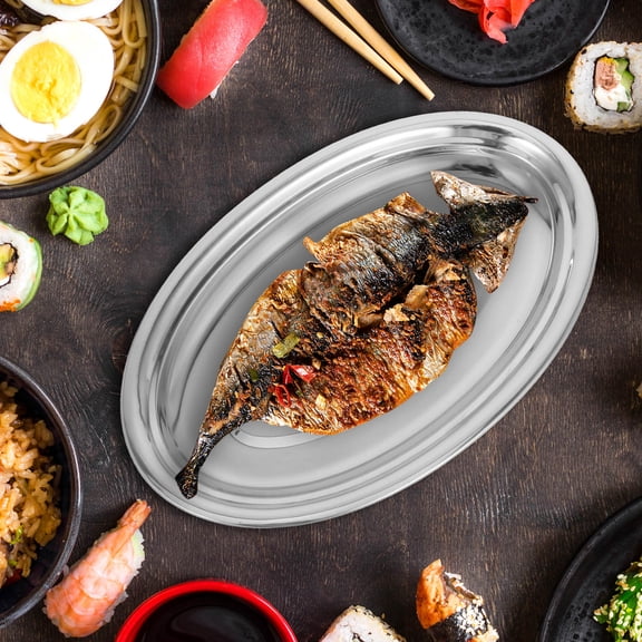 BESTYASH Stainless Steel Oval Serving Plate for Steaming Fish and Serving Steak with Elegant Silver Finish