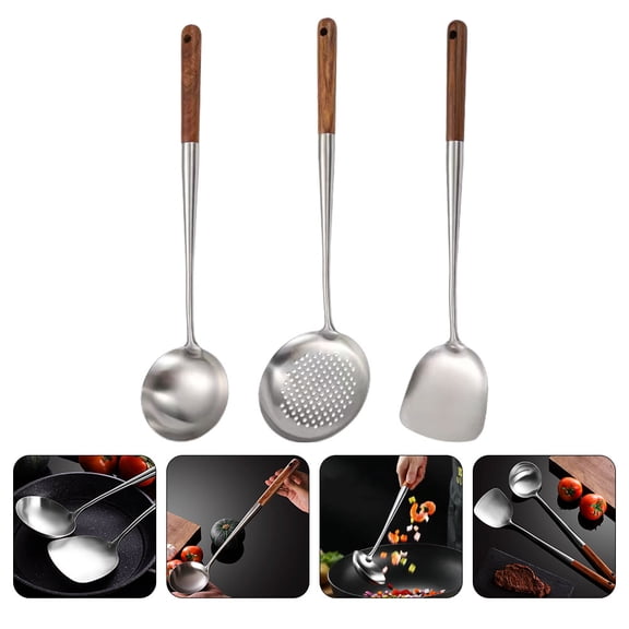 BESTYASH Stainless Steel and Wood Cooking Utensil Set for Kitchen with Ergonomic Design and Easy Clean, 3 Pcs