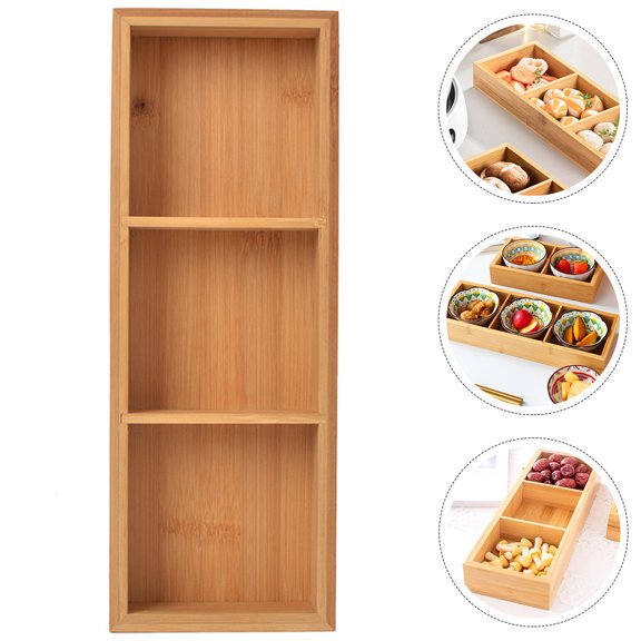 BESTYASH Three Section Wooden Serving Plate for Hot Pot Nuts and Dips in Light Brown