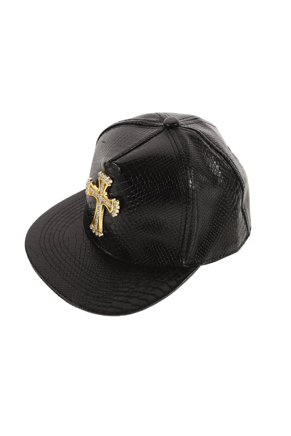Unisex PU Baseball Cap Black Alligator Print Flat Brimmed Hat with Decorative Cross