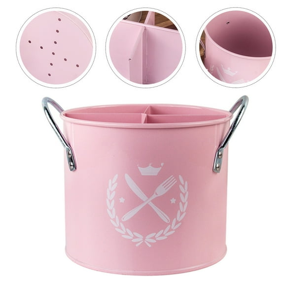 BESTYASH Utensil Holder For Kitchen Pink Galvanized Iron Multi Grid Storage 1Pack
