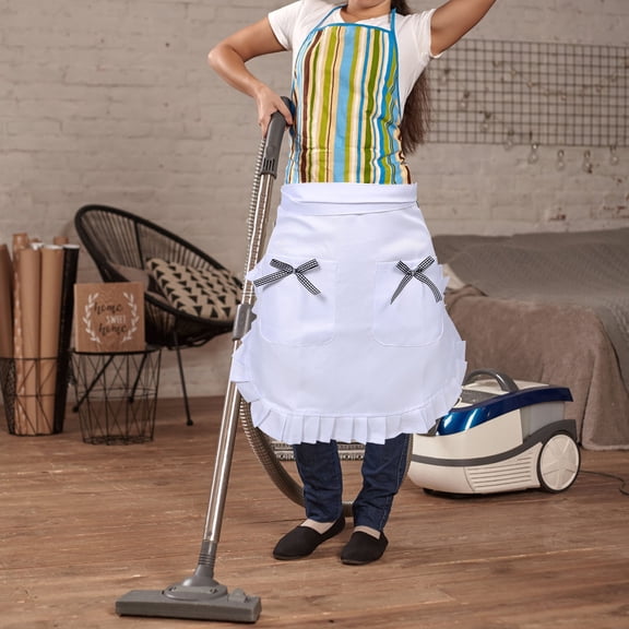 BESTYASH Women's Half Waist Apron with Ruffled Edge, White Polyester Kitchen Apron for Cooking, Baking, and Serving, 1 Piece