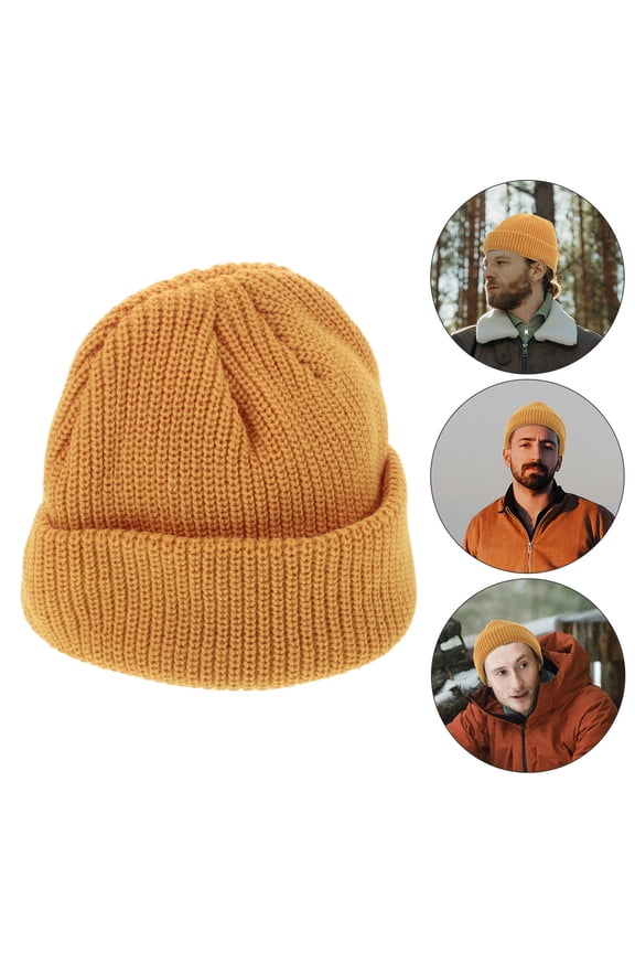 Warm Knitted Fisherman Cap Orange Winter Hat Brimless Rolled Edge Unisex Style