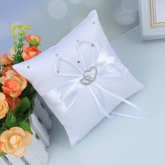 BESTYASH Wedding Ring Pillow in White Satin with Rhinestone Double Heart and Strap for Ceremony