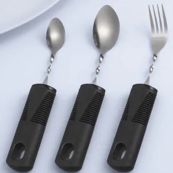 BESTYASH Weighted Adaptive Utensils for Elderly and Disabled Individuals Sturdy Design Black Stainless Steel 3pcs Set