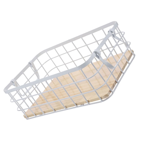 BESTYASH White Metal Wire Kitchen Storage Basket with Handles and Wooden Base for Desktop Organizer