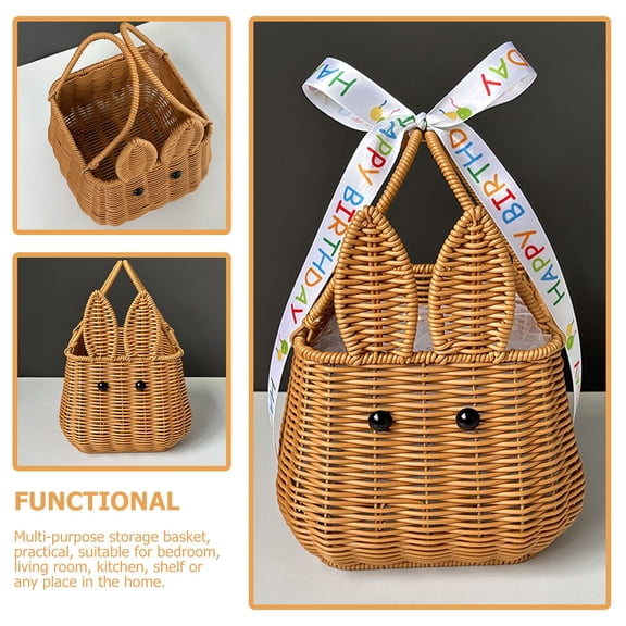 BESTYASH Light Brown Wicker Basket with Handle Easter Bunny Design, Home Decor Storage Organizer, 1 Set