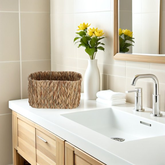 BESTYASH Wicker Toilet Paper Basket with Built in Handles for Bathroom Storage Light Yellow Woven Design