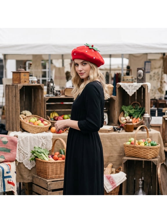 Women's Red Strawberry Shaped Beret Hat, Wool Blend Round Cap for Casual Outfits, Brunch, and Everyday Wear