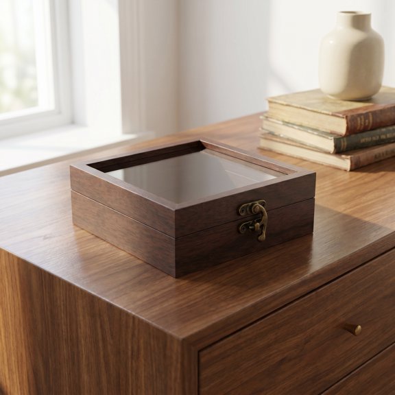 BESTYASH Wooden Display Case with Transparent Lid for Jewelry and Insect Specimen Storage Brown Rustic Design