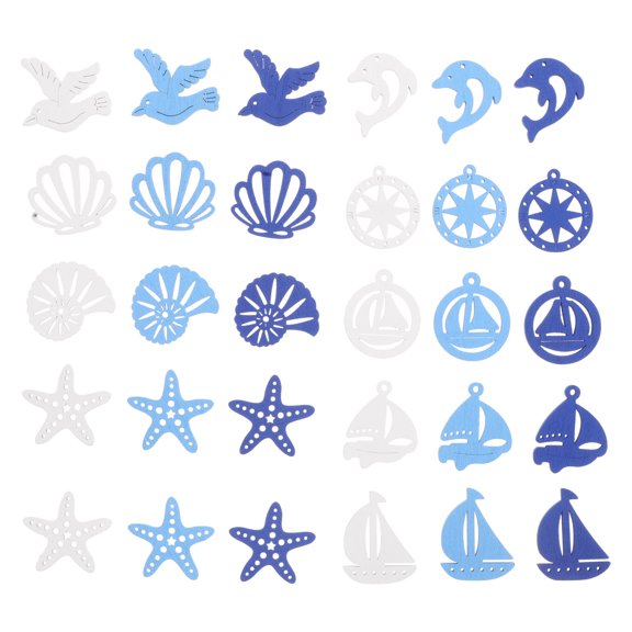 BESTYASH Wooden Nautical Ornaments Blue Shells for DIY Crafts Seaside Decor 100Pcs