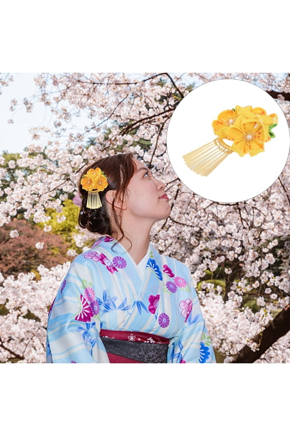 Yellow Cloth Flower Hair Clips for Japanese Style Kimono and Cosplay Events