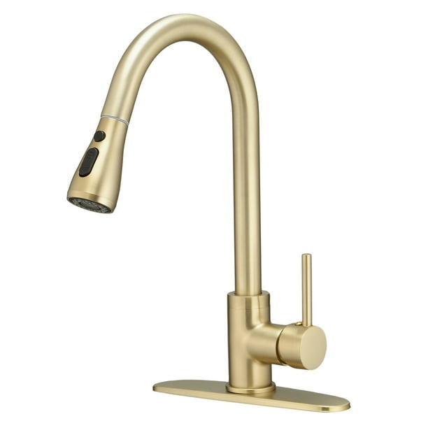 BESy Brushed Gold Kitchen Faucet with Pull Down Sprayer, Commercial ...