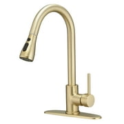 BESy Brushed Gold Kitchen Faucet with Pull Down Sprayer, Commercial Kitchen Faucet, High Arc Single Handle Kitchen Sink Faucets with Pause Button and Deck Plate