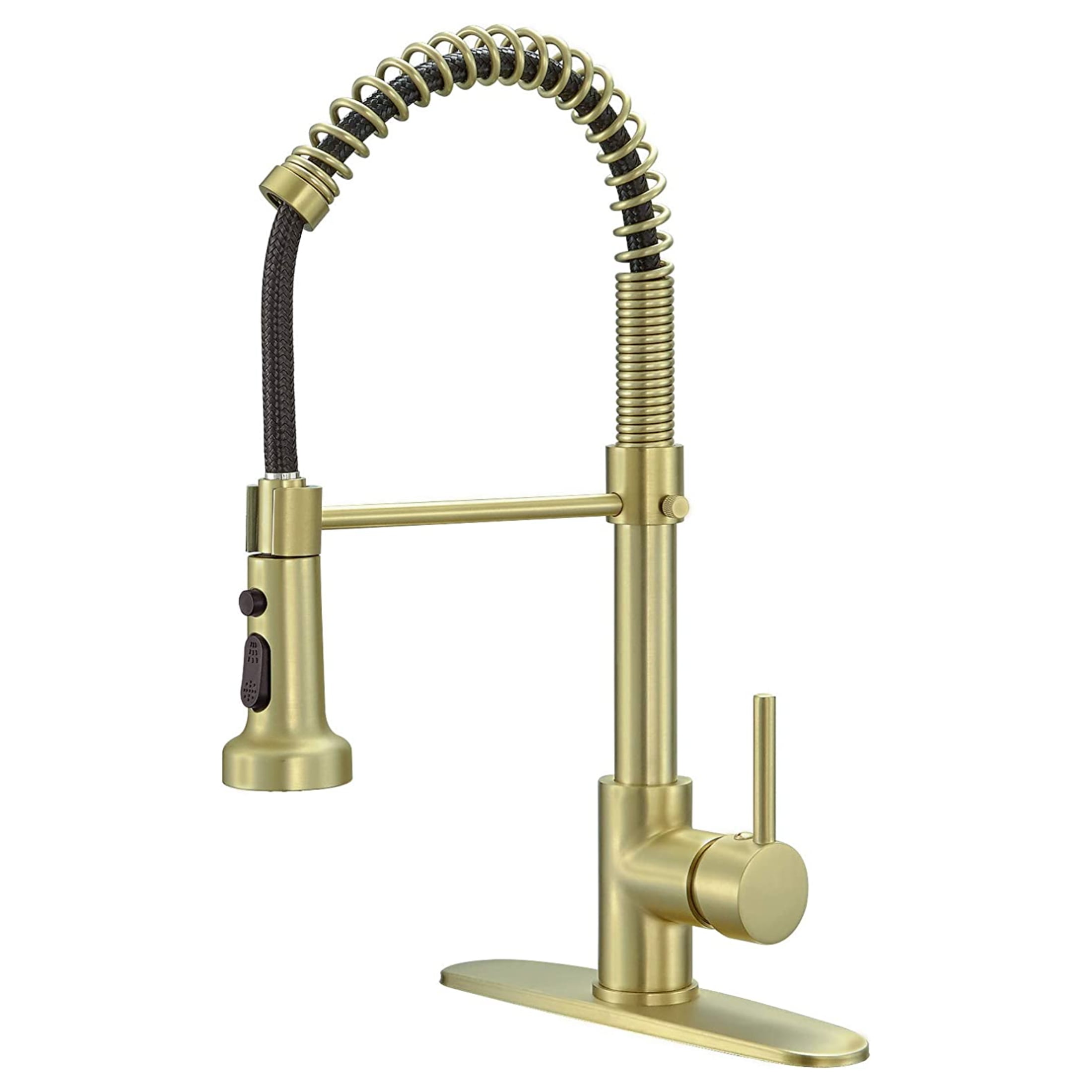 BESy Brushed Gold Kitchen Sink Faucet with Pull Out Sprayer, High Arch