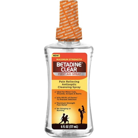 Betadine Clear First Aid Spray, Max Strength Pain Relieving Antiseptic Cleansing Spray, No Stinging, Helps Prevent Infections, 6 oz