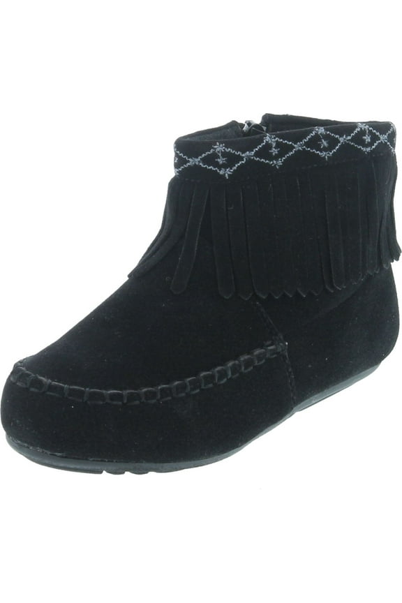 Denise-5 Girl's Kids Embroidered Fringe Mocassin Low Heel Ankle Booties, Black, 11