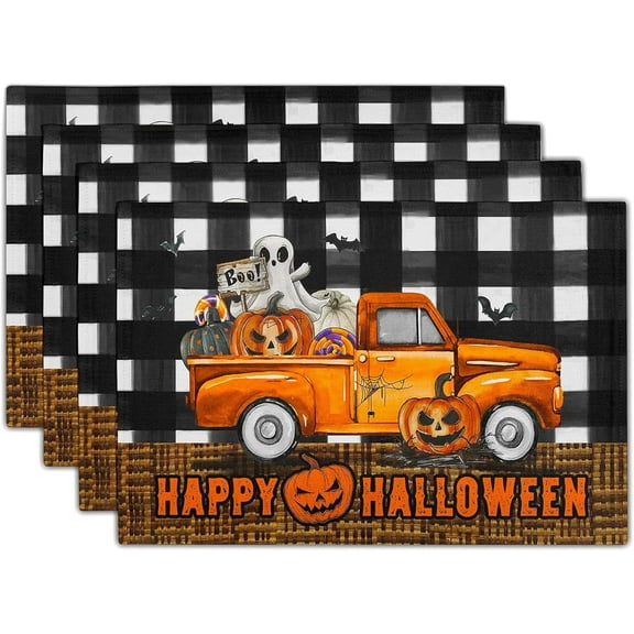 BETEAM Halloween Placemats Set of 6 Fall Line Placemat for Dining Table Washable Kitchen Ghost Table Mats -6 Pcs, HALLOWEEN-02