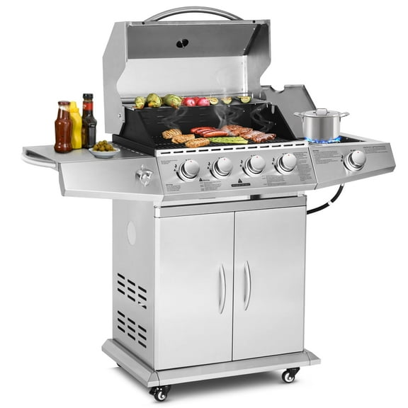 BETISEF 4-Burner Propane Gas BBQ Grill with Side Burner, 60,000 BTU Output Stainless Steel Grill,Cabinet Style for Outdoor Cooking Kitchen and Patio Backyard Barbecue