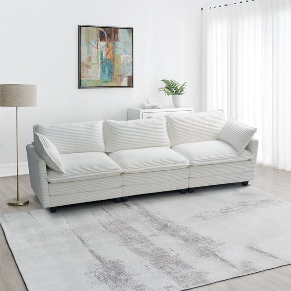 Betisef Modular Sectional Sofa W/ Deep Seat,Freely Combined Comfy Corduroy Couch,Arm Chair W/ Pillows for Living Room, Apartment, Studio, Office,3-seat Oversized Sofa White