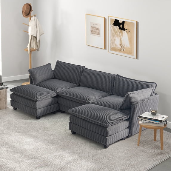 Betisef Modular Sectional Sofa W/ Deep Seat,Freely Combined Comfy Corduroy Couch,Arm chair W/ Pillows for Living Room,Apartment,Studio,U-Shaped 3-seat Oversized Sofa W/ Double Movable Ottomans Gray