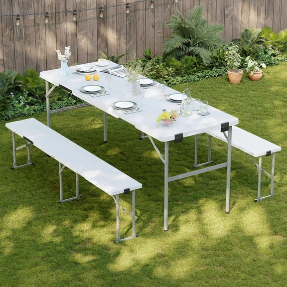 BETISEF Picnic Table Set with 2 Benches,6 Feet Folding Camping Table Chair Set with Wood Grain Tabletop ,3-Piece Outdoor Indoor Portable Folding Furniture for Party, Camping, Picnic, Weddings