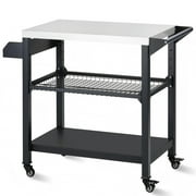 BETISEF Three-Shelf Movable Outdoor Grill Cart Pizza Oven Stand, Multifunctional Kitchen Food Prep Table with Drawer ,Stainless Steel Dining Worktable Cooking Island on 4 Wheels & Seasoning Tray