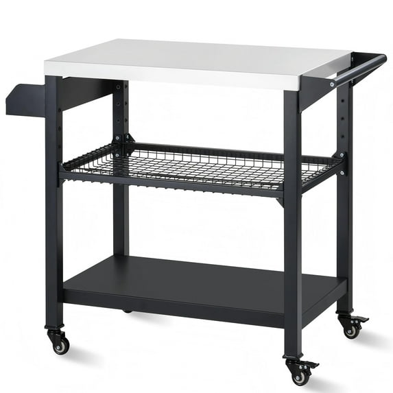 BETISEF Three-Shelf Movable Outdoor Grill Cart Pizza Oven Stand, Multifunctional Kitchen Food Prep Table with Drawer ,Stainless Steel Dining Worktable Cooking Island on 4 Wheels & Seasoning Tray