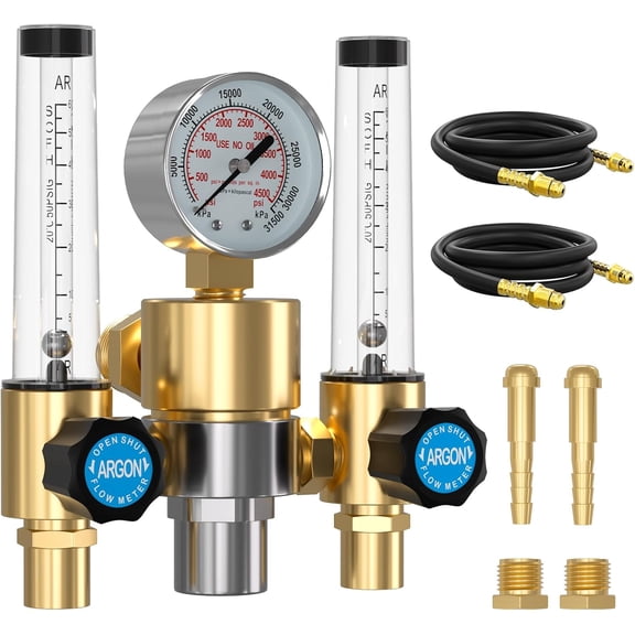 BETOOLL Dual Output Argon Regulator - MIG/TIG Flow Meter Gas Gauge with 2PCS 6.6 Feet Hoses, 0-60 SCFH, 0-4500 PSI, CGA580 Inlet Connection for Argon/CO2