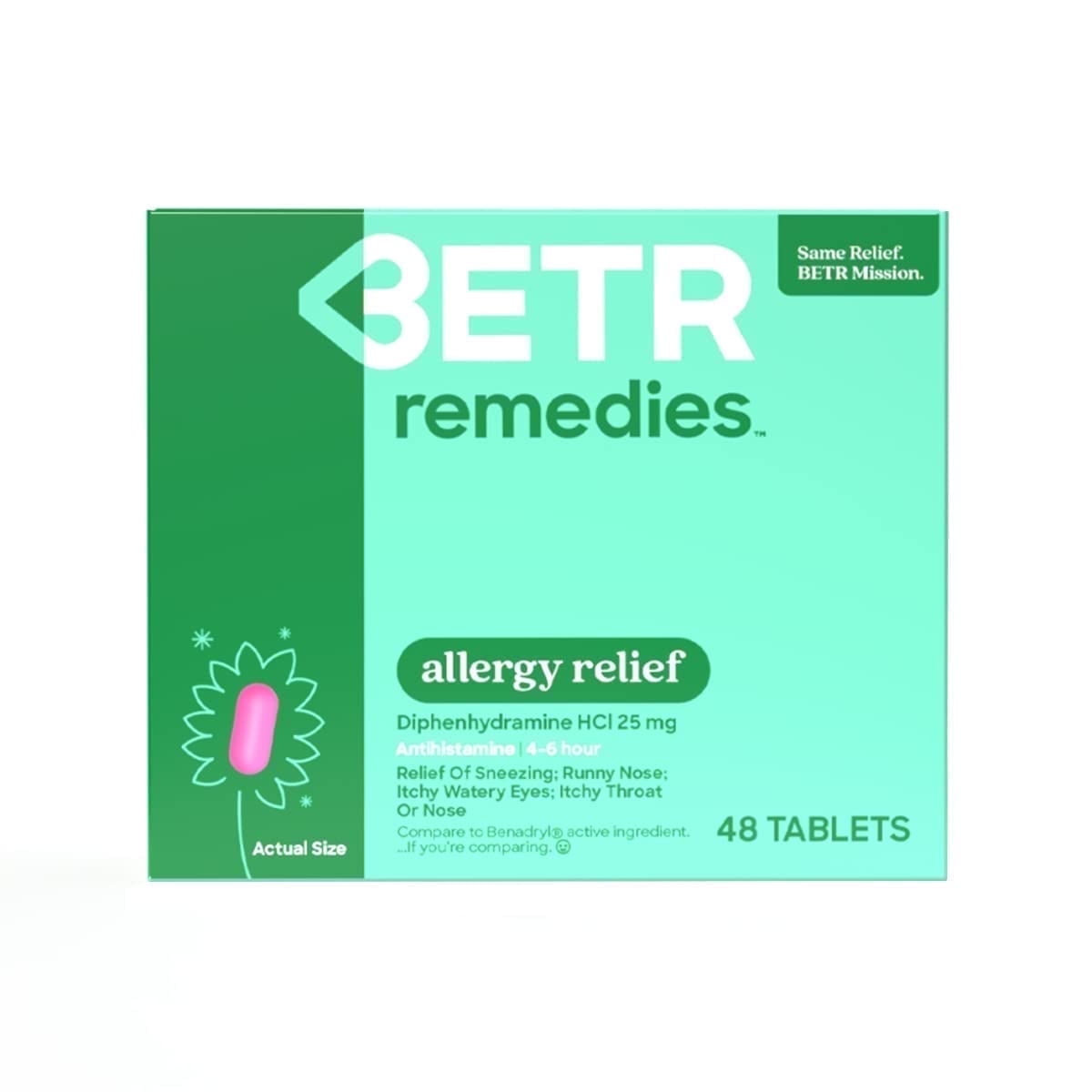 BETR Remedies Allergy Relief Medicine, Oral Antihistamine, Diphenhydramine 25 mg, 48 Tablets
