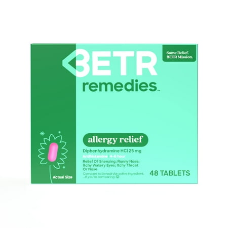 BETR Remedies Allergy Relief Medicine, Oral Antihistamine, Diphenhydramine 25 mg, 48 Tablets
