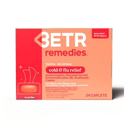 Betr Remedies Daytime Non-Drowsy Cold & Flu Relief, Fever Reducer, Multi-Symptom, 24 Tablets
