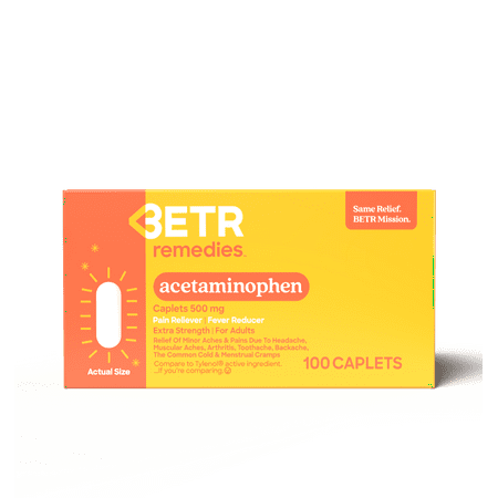 BETR Remedies Extra Strength Pain, Headache, Fever Reducer Medicine, Acetaminophen 500 mg, 100 Tablets