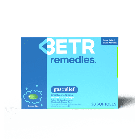 BETR Remedies Gas, Pain, Bloating Relief Medicine, Simethicone 125 mg, 30 Softgels