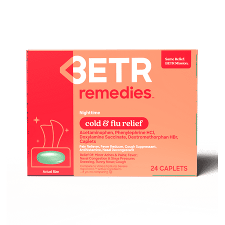 Betr Remedies Nighttime Cold & Flu Relief, Headache, Fever Reducer, Multi-Symptom, 24 Tablet