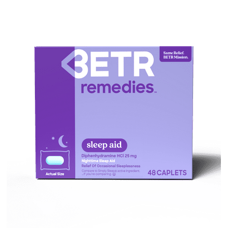 BETR Remedies Nighttime Sleep Aid, Sleep Medicine, Diphenhydramine HCI 25 mg, 48 Tablets