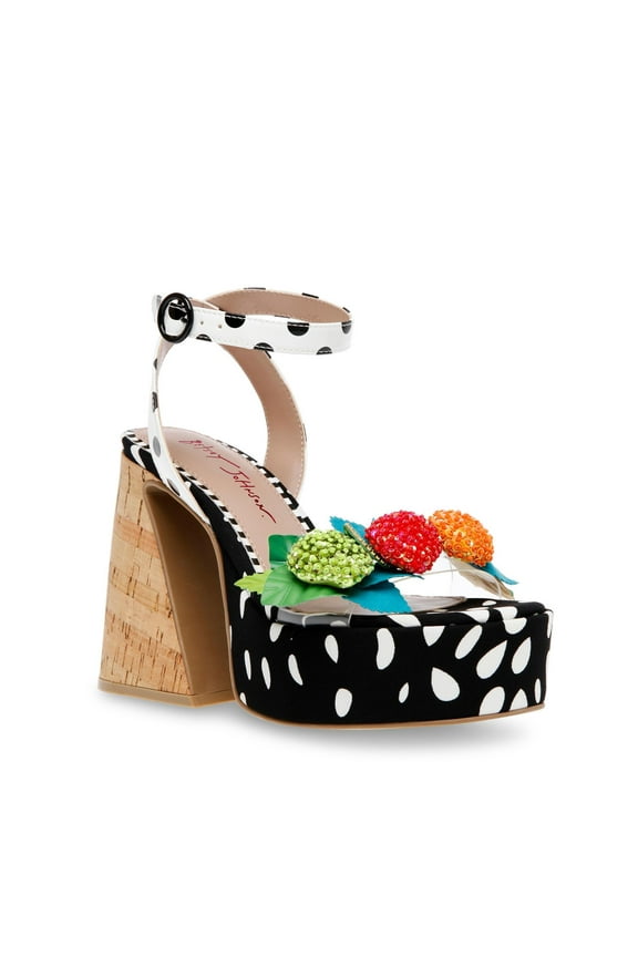 Womens Black Mixed Media 1-1/2" Platform Embellished Padded Sprite Round Toe Sculpted Heel Buckle Heels Shoes 6 M