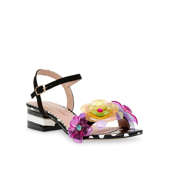 BETSEY JOHNSON Womens Black Mixed Media 3-D Flowers Ankle Strap Padded Dottee Open Toe Block Heel Buckle Sandals Shoes 5