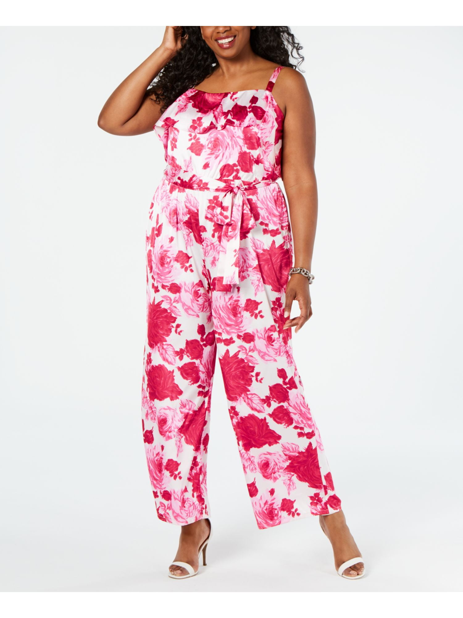BETSEY JOHNSON Womens Pink Floral Sleeveless Square Neck Wide Leg