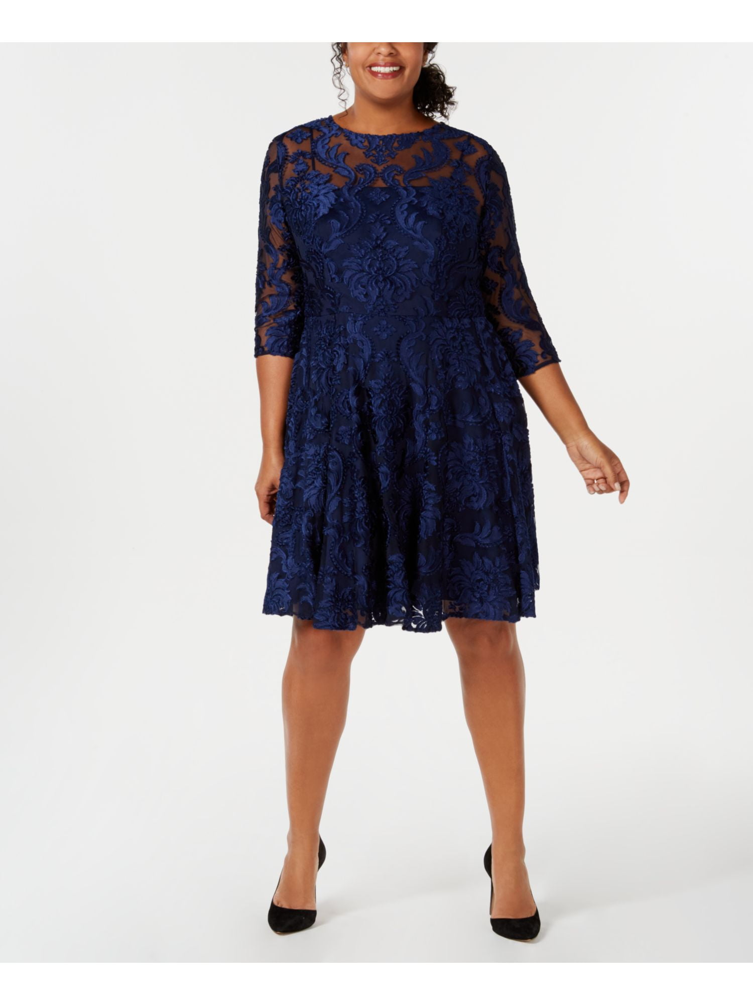 BETSY \u0026 ADAM $269 Womens Blue Burnout Damask Fit + Flare Dress 20W Plus B+B