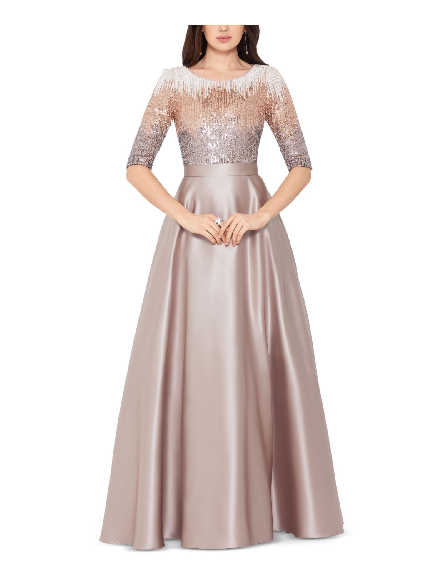 black fitted maxi dress with sleeves Betsy & Adam Ruffle Prom Dress A25047 main image 1