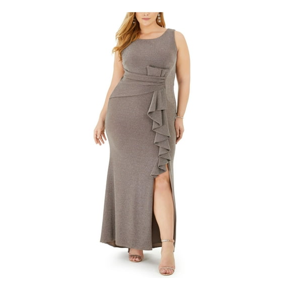BETSY & ADAM Womens Beige Ruffled Glitter Sleeveless Scoop Neck Maxi Formal Sheath Dress Plus 16W