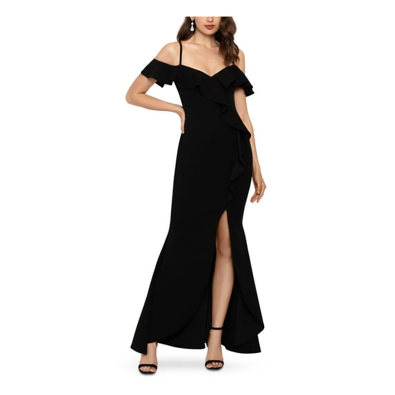 BETSY & ADAM Womens Black Cold Shoulder Ruffled Gown Flutter Sleeve Sweetheart Neckline Maxi Formal Dress 6