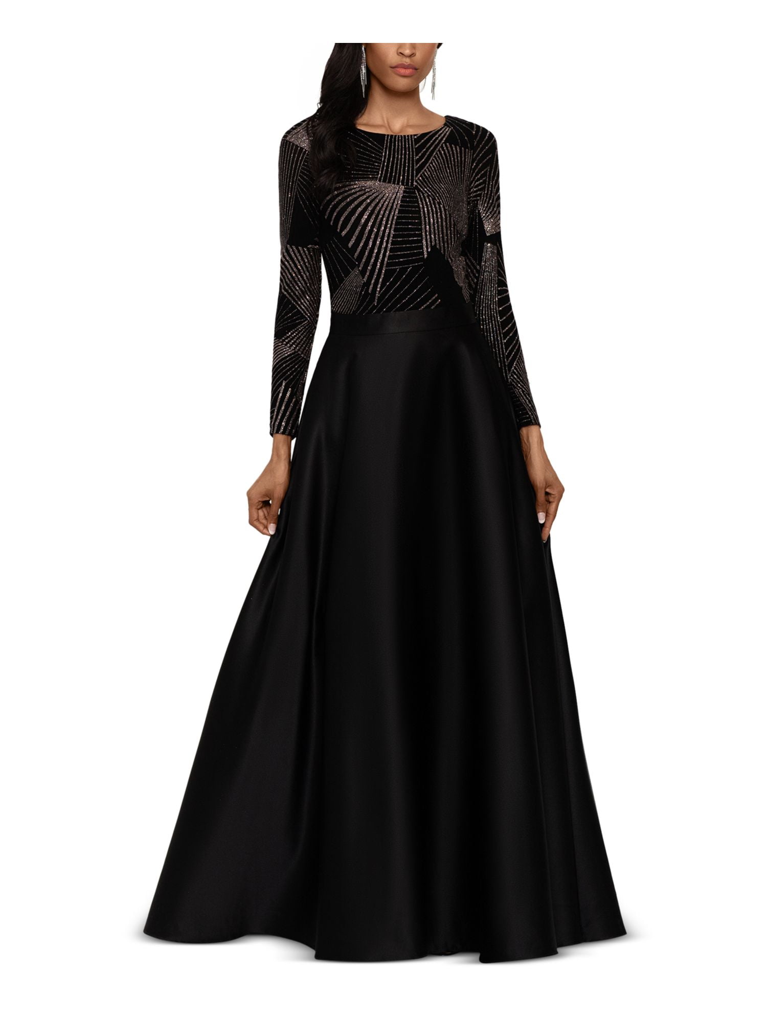 knee length dresses for ladies Betsy & Adam Women's Metallic V-Neck Long-Sleeve Gown - Mocha Gold