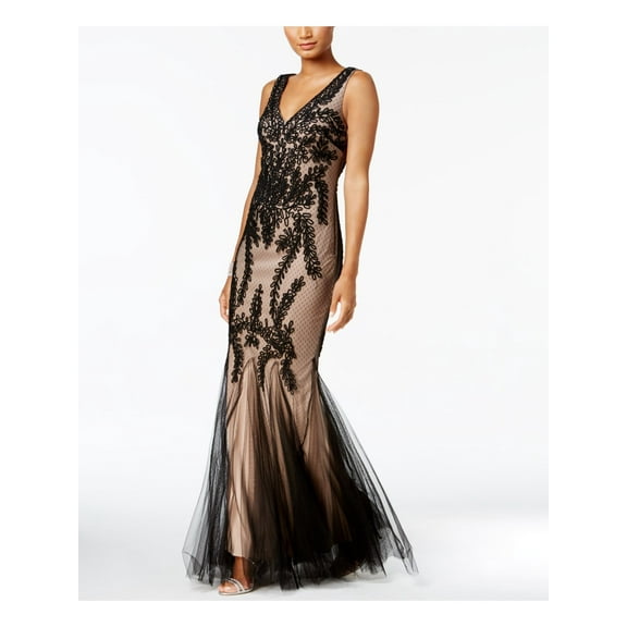 BETSY & ADAM Womens Black Printed Sleeveless V Neck Full-Length Evening Mermaid Dress 14