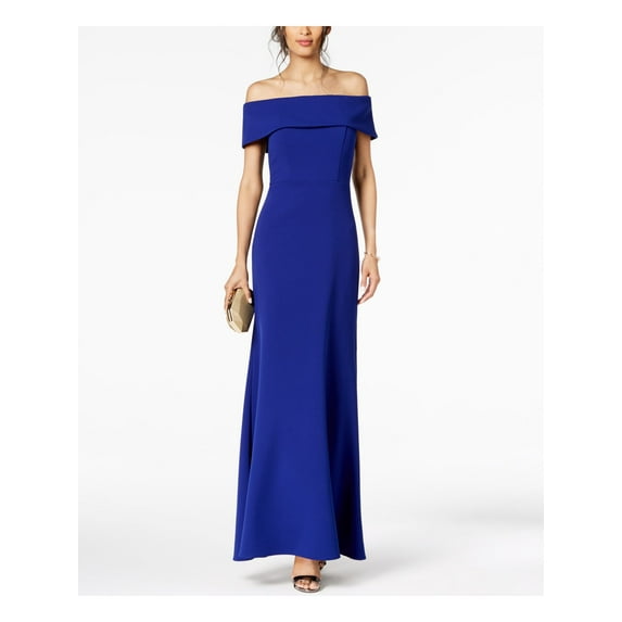BETSY & ADAM Womens Blue Zippered Ruched At Back Of Waist Sleeveless Off Shoulder Full-Length Evening Fit + Flare Dress 2
