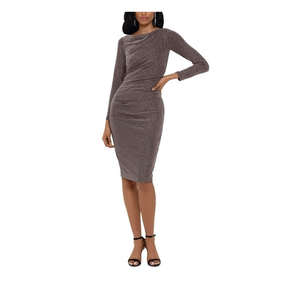 BETSY & ADAM Womens Brown Textured Shimmering Long Sleeve Jewel Neck Above The Knee Cocktail Body Con Dress 14